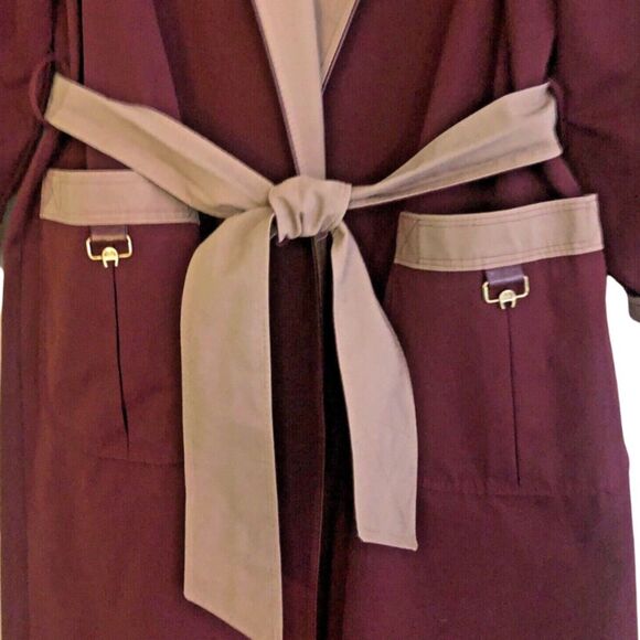 Etienne Aigner Reversible Trench Coat Womens Size 8P Oxblood/Khaki Leather Trim - Picture 15 of 15